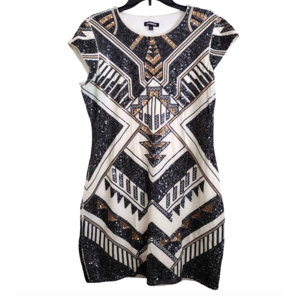 Express Sequin Art Deco Geometric Black Gold Ivory Dress Size Large